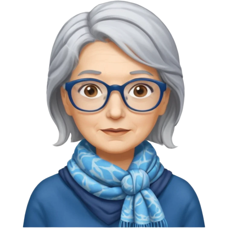 Older woman, shoulder length gray hair, wearing a scarf tied behind hair, marbled blue rectangular glasses  emoji