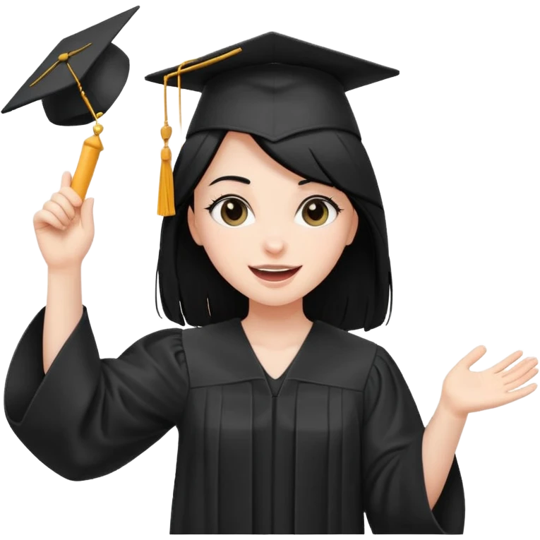 white girl with straight black hair, tossing graduation cap, black gown, happy expression emoji