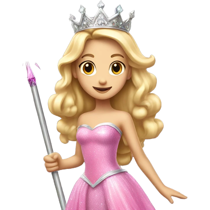 Blonde princess with tall silver crown in a pink sparkly dress holding a fairy wand emoji