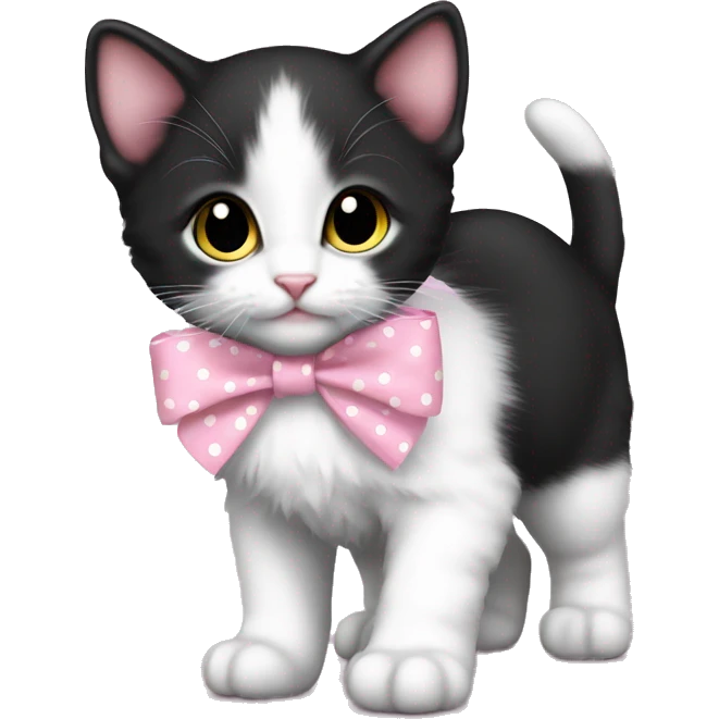 Baby Full body Tuxedo kitten with a pink polka dot ribbon Hazel eyes emoji