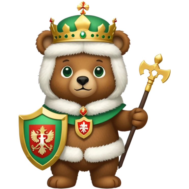 Adorable brown bear with green eyes, white furry ushanka, detailed Russian Federation emblem with golden double-headed eagle, three crowns, scepter and orb, St. George on chest shield, minimalist iOS emoji style emoji