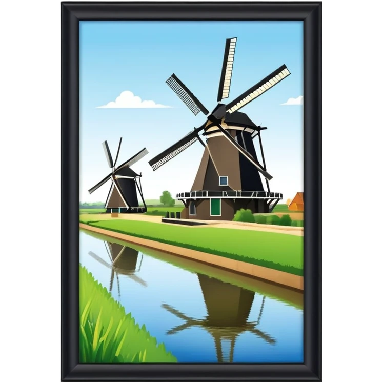 cinematic-realistic-kinderdijk-windmills-landmark-emoji,-showcasing-traditional-dutch-windmills-aligned-along-a-tranquil-canal,-with-lush-green-fields in a picture frame emoji