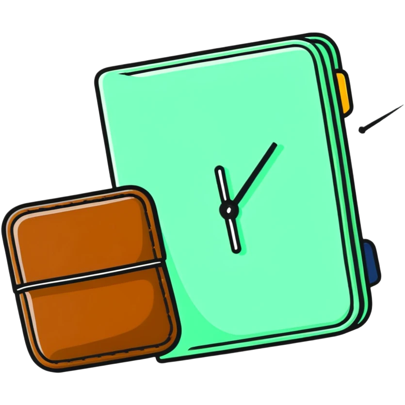 leather wallet next to an alarm clock emoji