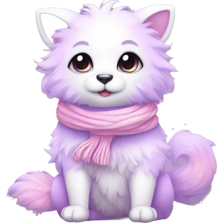 Edgy Kawaii cute gorgeous colorful sparkly bright light pastel lilac-pink-white-gradient fantasy ethereal fluffy fursona animal creature with a cute scarf full body emoji