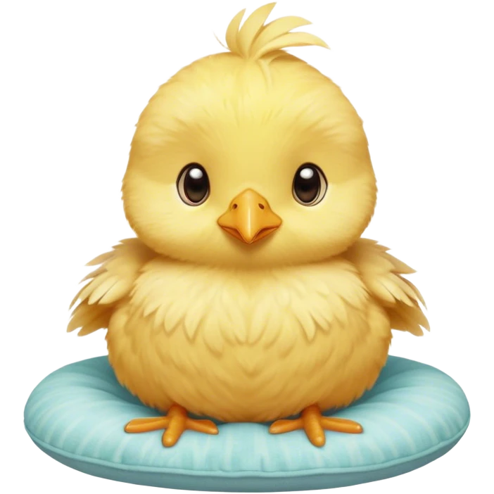 Cinematic round fluffy chick, golden yellow, tiny beak and feet, soft downy feathers, sparkling gentle eyes, sitting on a pastel-colored cushion, radiating warmth and sweetness. emoji