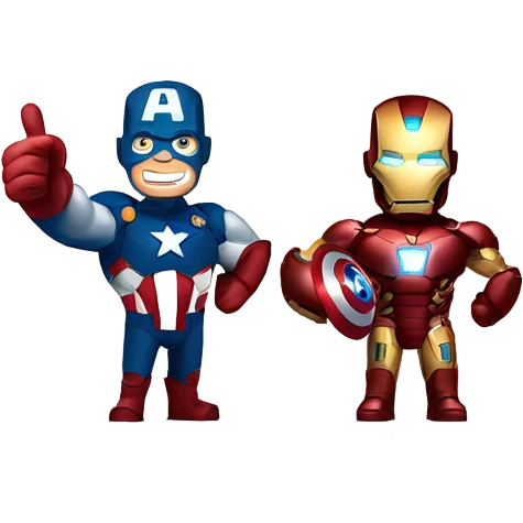 Iron Man and Captain America standing for a picture with one thumbs up emoji