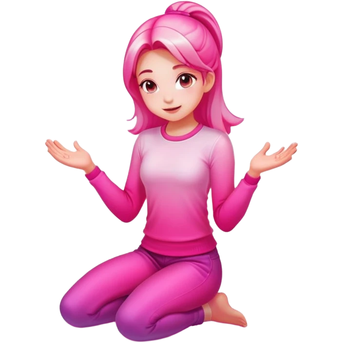 Girl kneeling in playful pose, transparent glass style, bright pink gradient, with shadows and highlights, minimalist design emoji