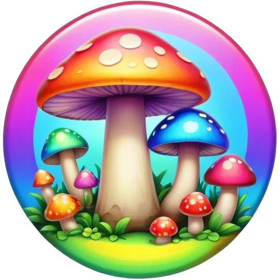 A round psychedelic colored button with bezeled edges and rainbow colored mushrooms emoji