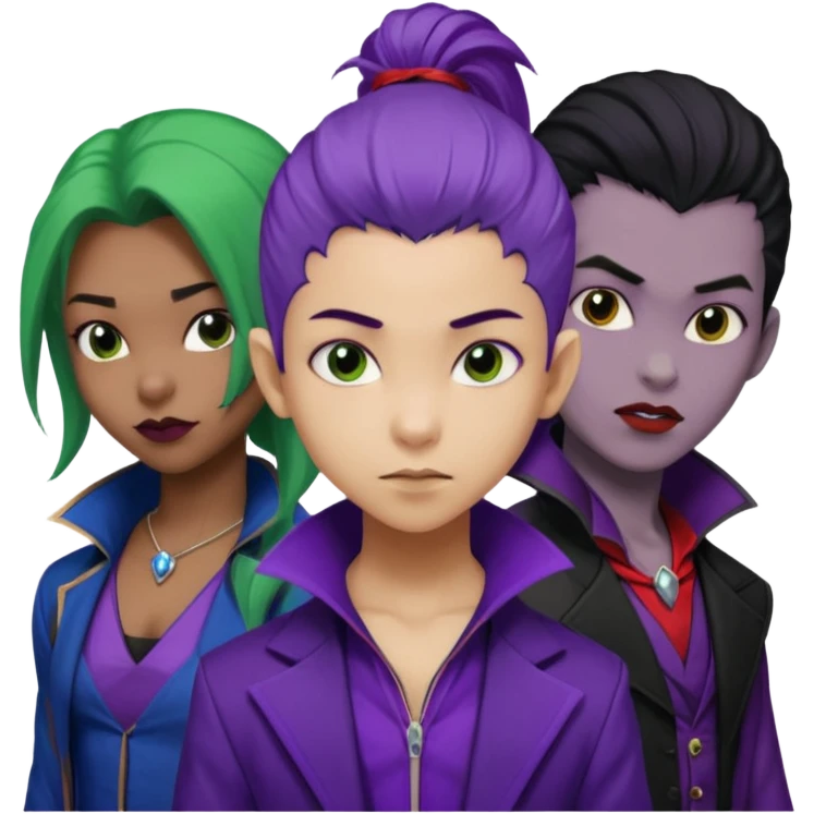Solo poly platonic relationship, one African girl, one Asian boy, one biracial features Asian tomboy girl rat-tail hair long and upper masculine hair 90s, vampire and marvel cosplay elements inspired  use marvel colours, like instead of obvious human, green purple blue etc,  emoji