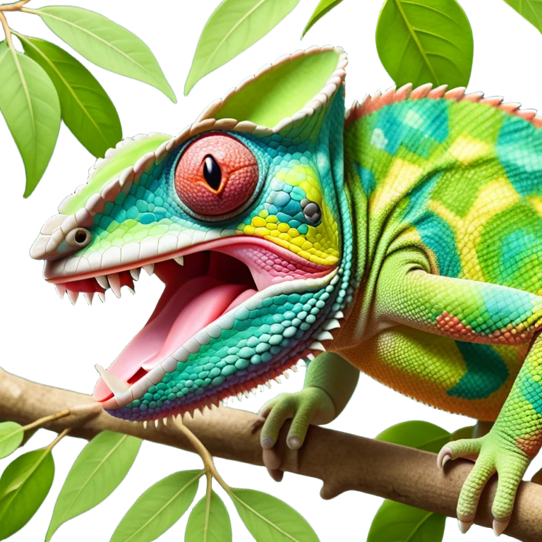 cinematic giant-tongue out chameleon-realistic emoji, mouth wide open with tongue out catching prey, -blending-with-vibrant-greenery.-detailed-scales-in-shifting-colors,-showing-the-chameleon’s-ability-to-camouflage.-soft-natural-light-highlights-its-texture.-light-background, zoomed into its face emoji