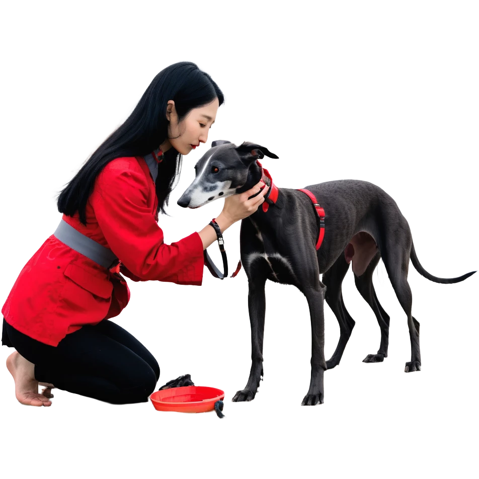 A very beautiful and attractive 25-year-old Japanese woman with long flowing black hair gently petting a SOLID DARK GREY whippet wearing a bright RED COLLAR on a beach at night under a starry sky. The woman's hand is lovingly stroking the whippet. The whippet MUST be COMPLETELY SOLID DARK GREY with ABSOLUTELY NO WHITE MARKINGS ANYWHERE - no white chest, no white face, no white paws, no white tip on tail - ENTIRELY ONE SOLID DARK GREY COLOR throughout the entire dog, but with a distinct red collar. Deep blue night sky filled with bright stars, moonlight reflecting on the ocean, sandy beach in the foreground. emoji