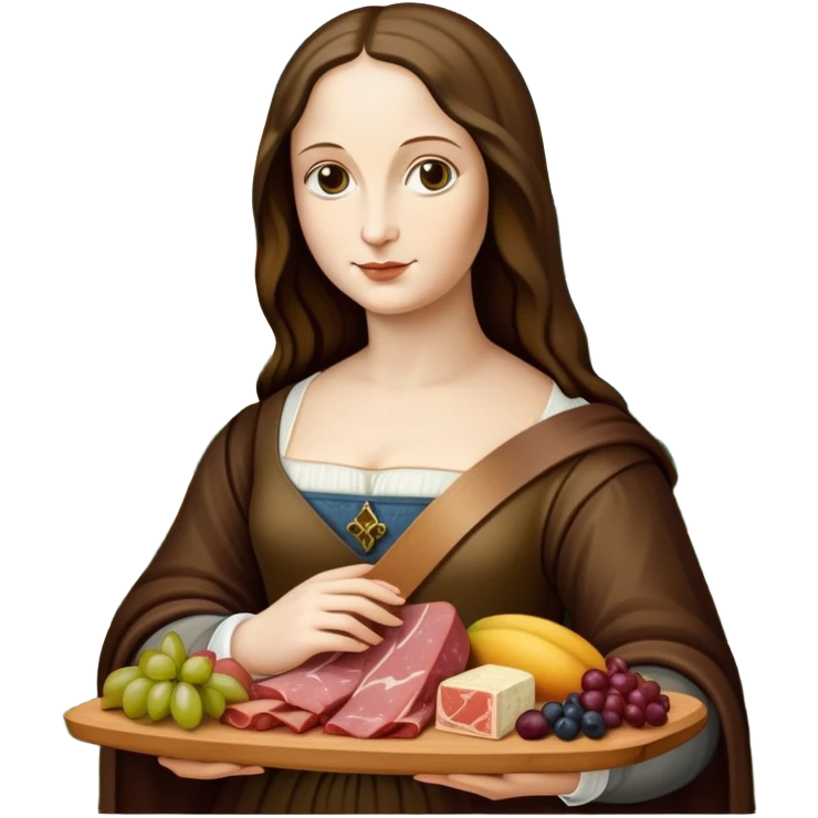  mona lisa with SPAM MEAT charcuterie and fruit tray renaissance landscape emoji