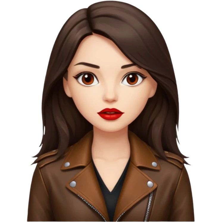 brunette with long hair in cuir jacket with red lips and very dark brown eyes emoji
