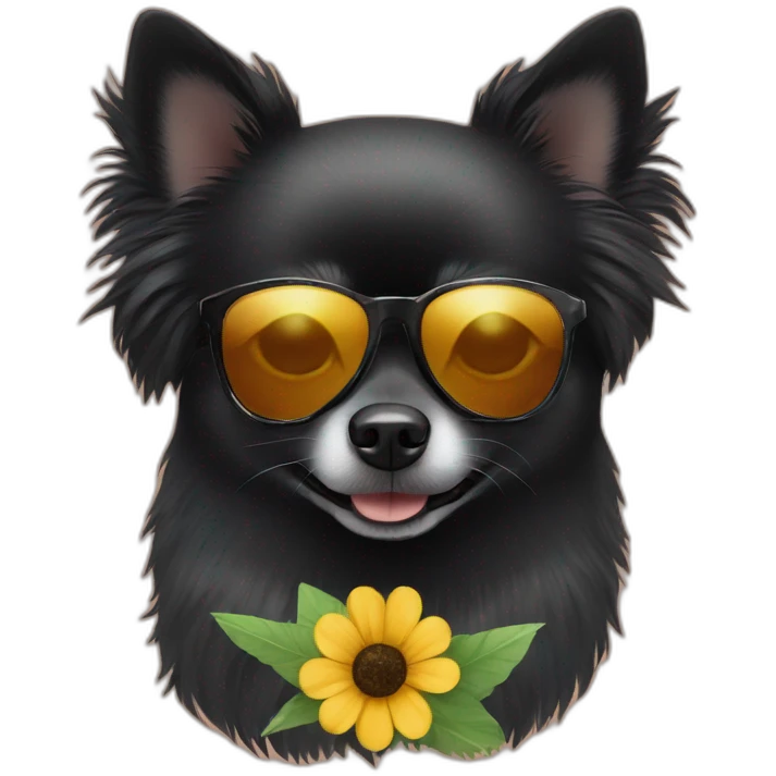 black pomeranian wearing flower sunglasses emoji