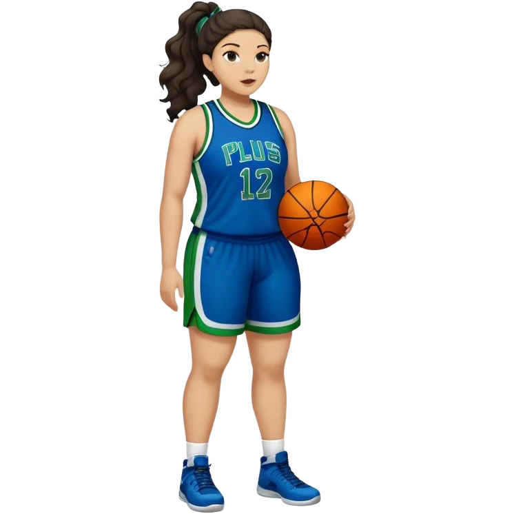 full body plus size light skin  latino women basketball player with wavy dark hair in pony tail wide nose wearing blue uniform with green accent emoji
