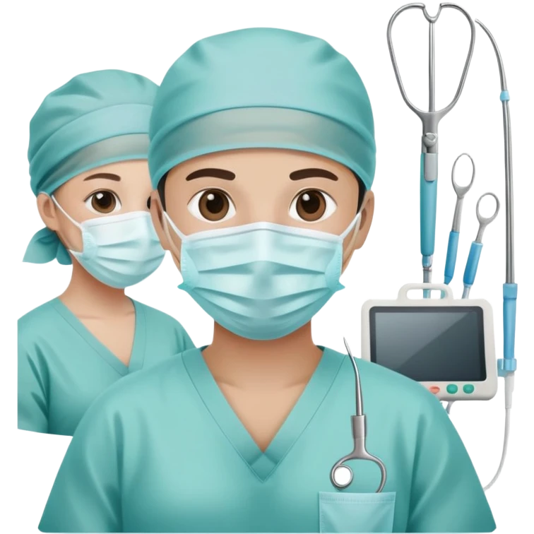 Surgeon in operating room with surgical mask and tools emoji