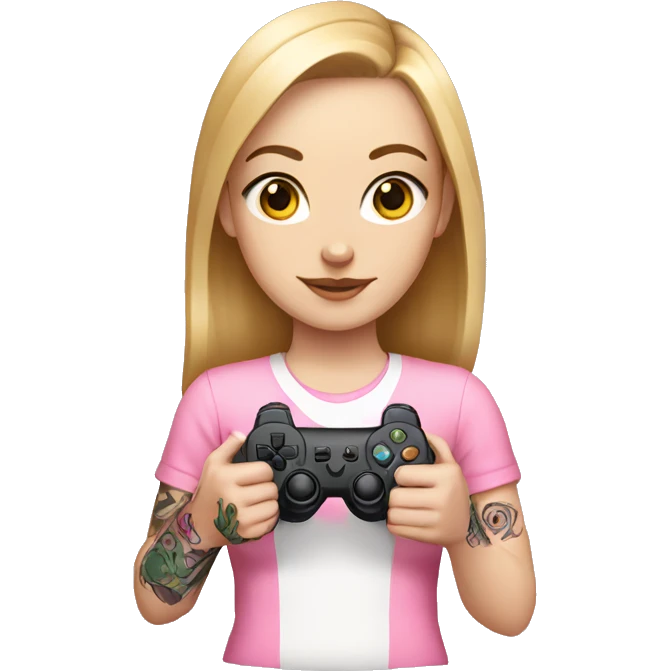 White girl with arm tattoo holding a pink game controller emoji
