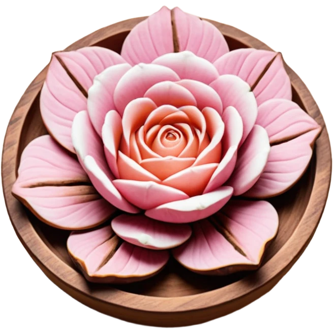 Una miniatura fotorrealista de un trozo de manteca de cacao pura y una pequeña rosa seca sobre una superficie de madera rústica y cálida. La luz debe resaltar la textura de la manteca. Colores: tonos tierra, marrón, terracota y rosa suave. Estilo: plano y orgánico emoji