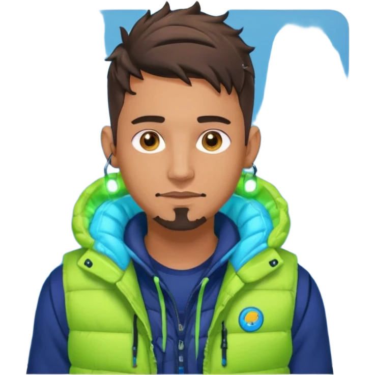 Cyberpunk street adult, hispanic, male, messy undercut, puffer vest over hoodie, glowing earpiece, light stubble, brown eyes, neon reflections, headshot emoji