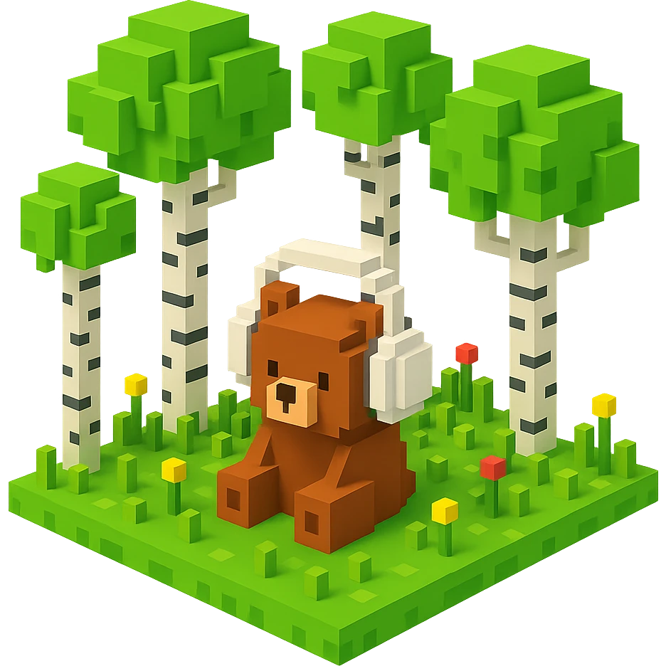 березовый лес, в котором сидит бурый медвежонок в белых наушниках (наушники должны закрывать уши медведя), no background  emoji