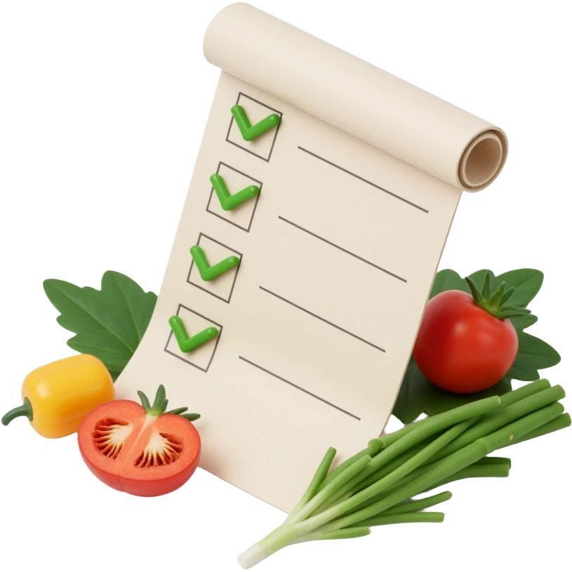 floating rolled paper list with green checkboxes and around vegetables emoji