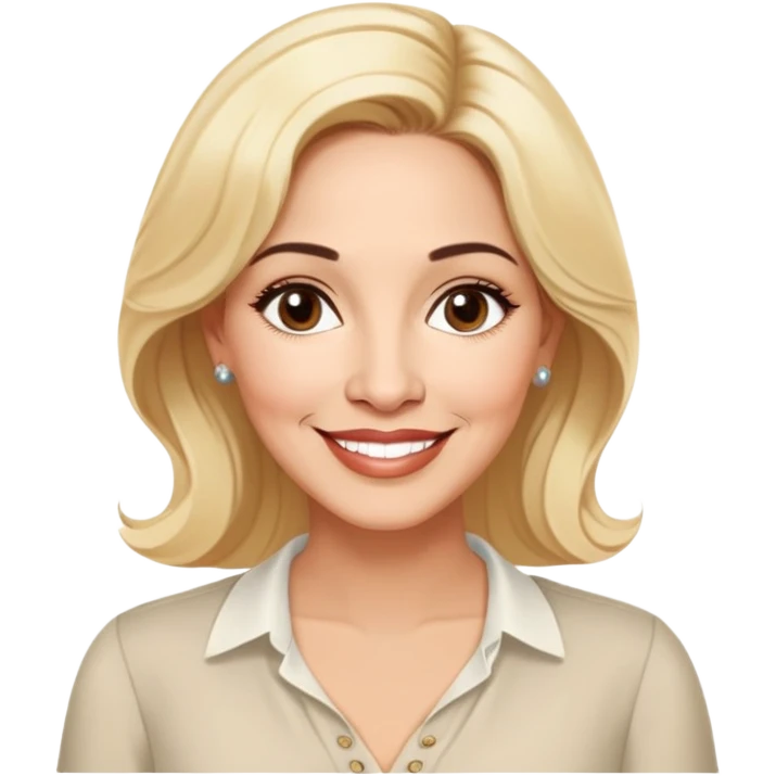 Warm-hearted Linette Torres, Puerto Rican actress in her 50s with light skin, extremely loving expression, bright gentle eyes, sweet welcoming smile, elegant blonde hair, wearing a simple relaxed blouse emoji