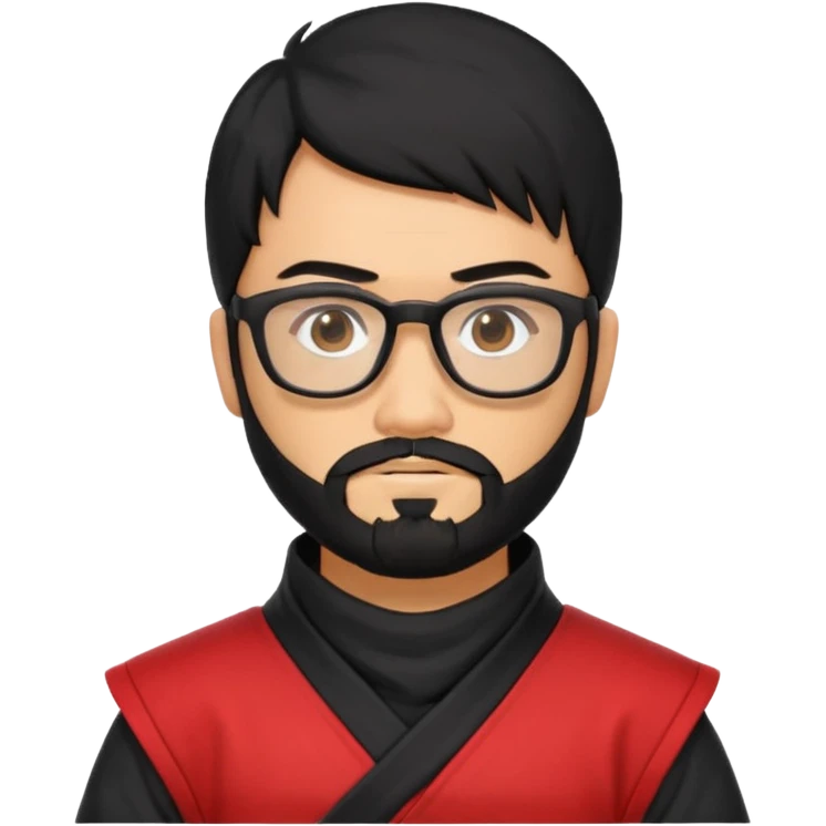 Man with black hair and beard wearing glasses in a ninja costume.  emoji