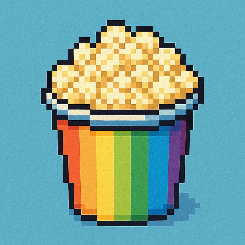 Add popcorn inside the rainbow bucket in pixel art style emoji
