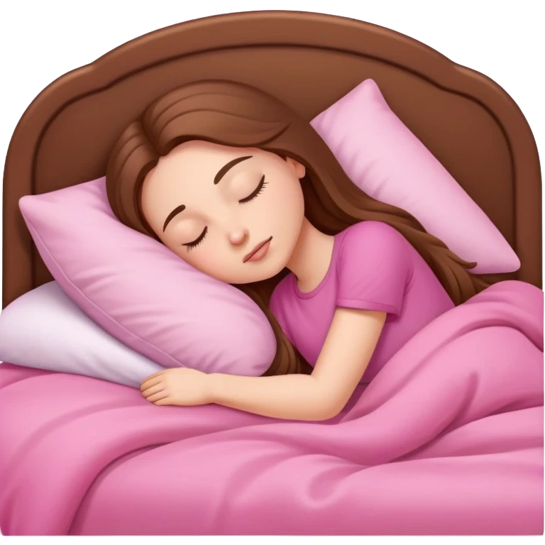 one white girl with long brown hair sleeping in a pink bed  emoji