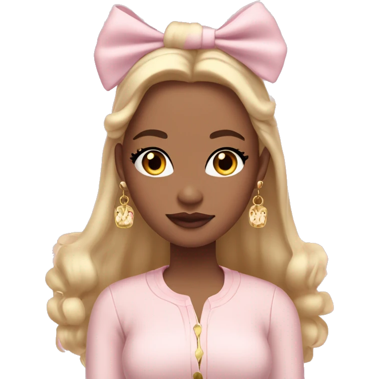 Girl with light skin straight hair wearing bow in her hair with coquette light pink colors and gold earrings wearing cute tight fit cardigan emoji