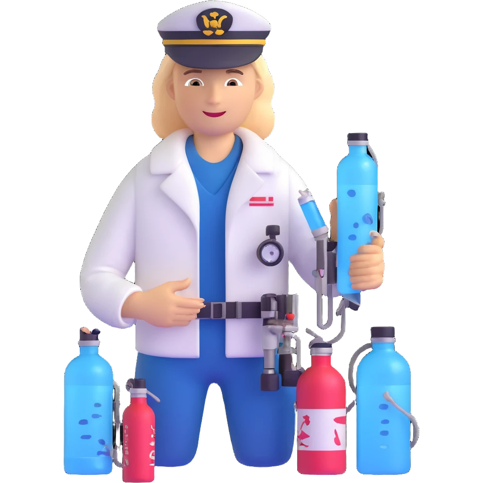 Oceanologist sailor from Vladivostok with scientific instruments, CTD sensor, water sampling bottles, and marine life emoji