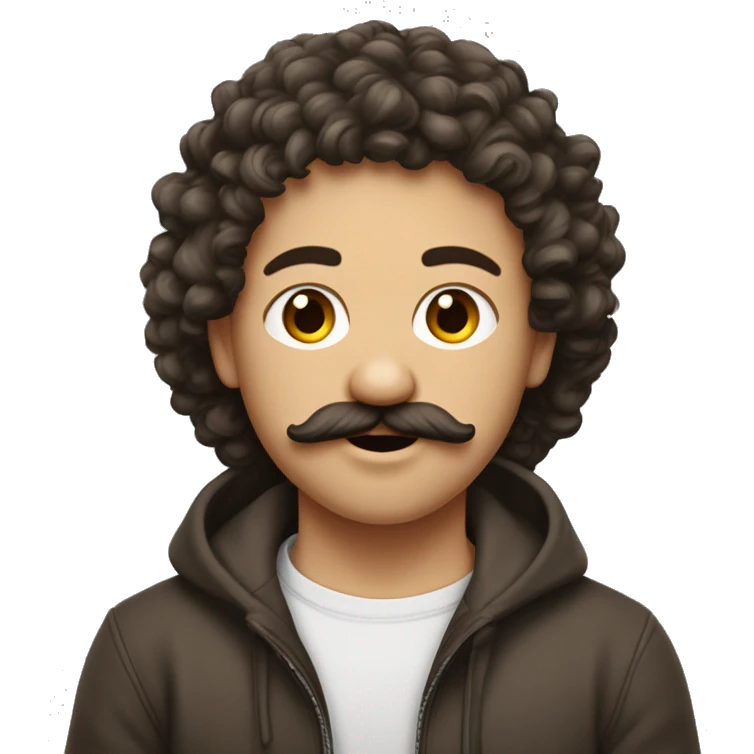 Un jeune à la peau métisse, cheveux couleur châtains mis long bouclés, moustache et bouc, qui porte un sweet à capuche blanc..  emoji