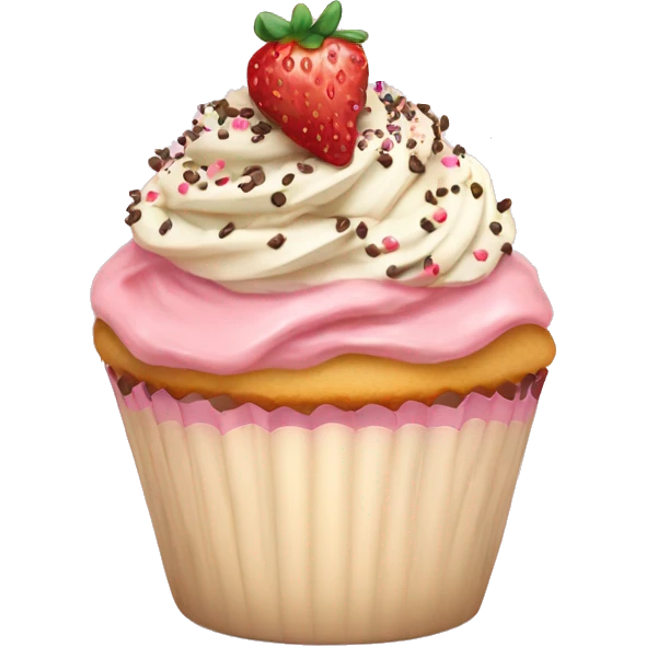 A vanilla cupcake topped with strawberries and chocolate sprinkles, adorned with a cute pastel pink ribbon. emoji