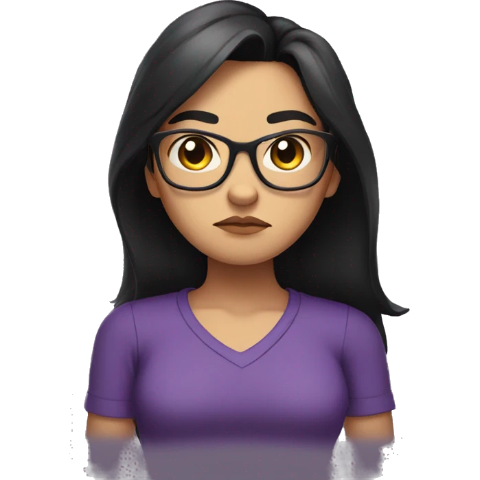Angry scowling girl, purple shirt, long black hair, brown eyes, wearing glasses, with arms crossed over chest. emoji
