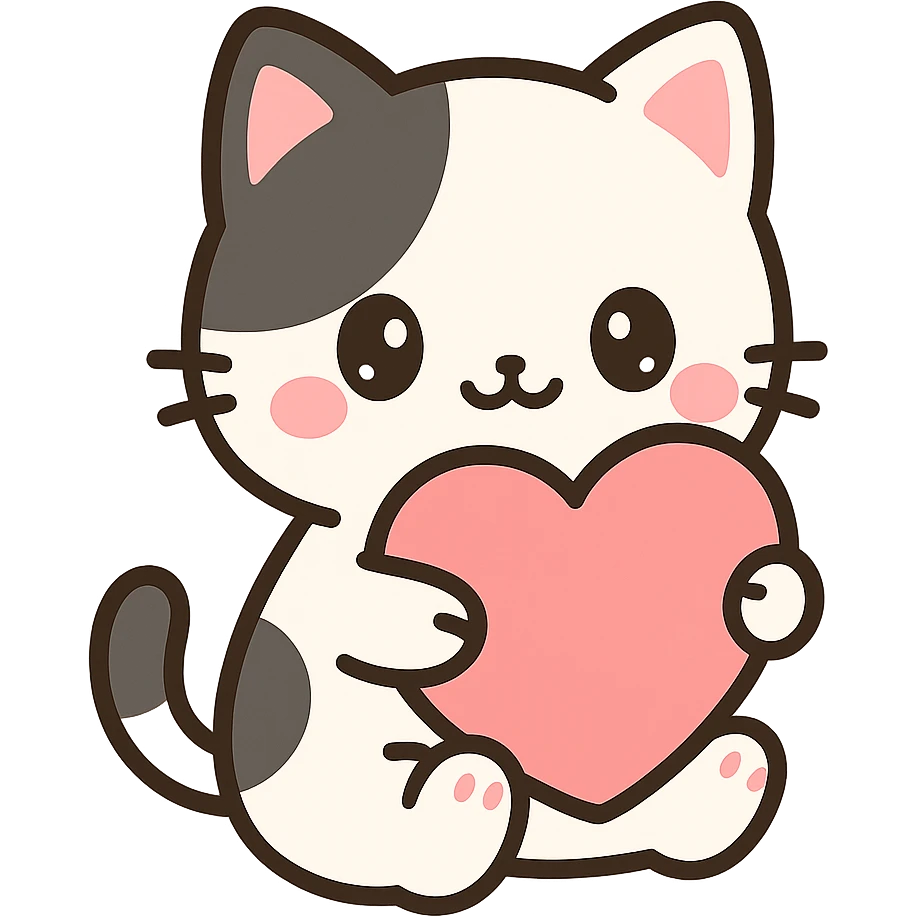 cute small black and white cat in anime style hugging a red heart emoji