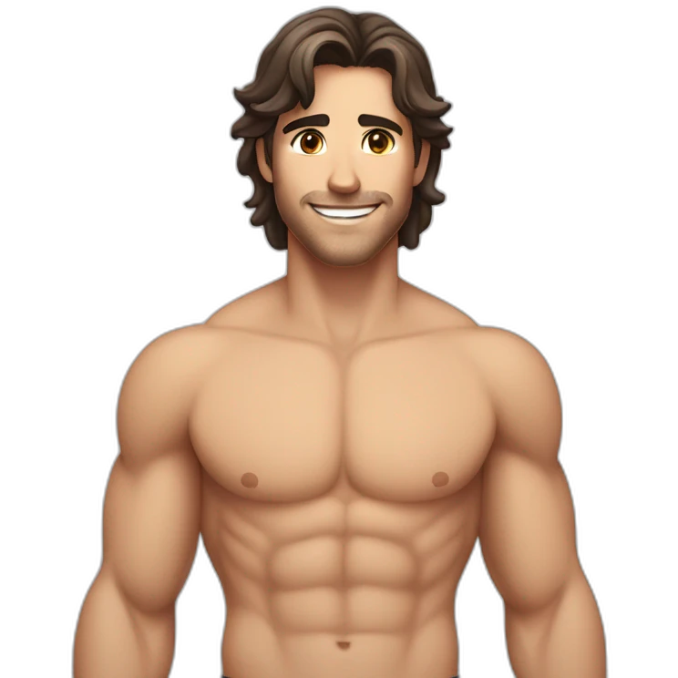 white guy with wet dark brown hair and brown eyes smiling with his mouth closed and shirtless with slightly muscles emoji