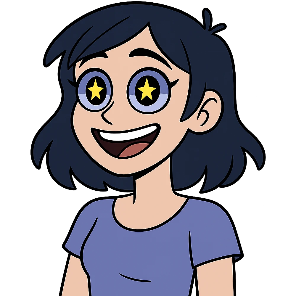 girl with dark blue hair, stars in her eyes, violet-blue eyes, beautiful smile emoji