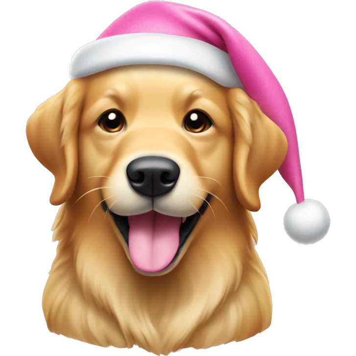 A golden retriever dog with its tongue out, smiling, and wearing a pink Christmas hat. emoji