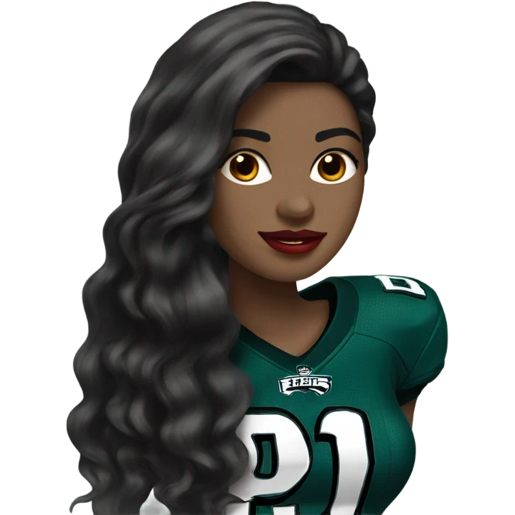 White female long dark hair red lips wearing Philadelphia Eagles jersey emoji