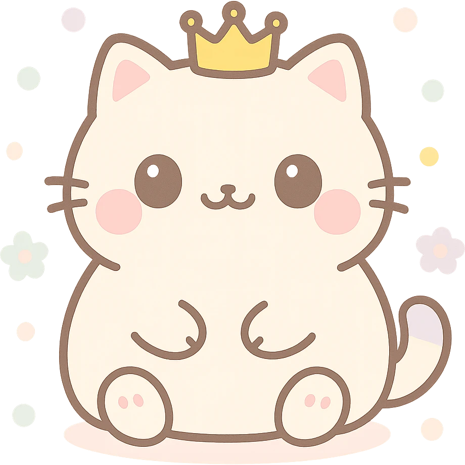 a chubby cat with a tiny crown, kawaii style emoji