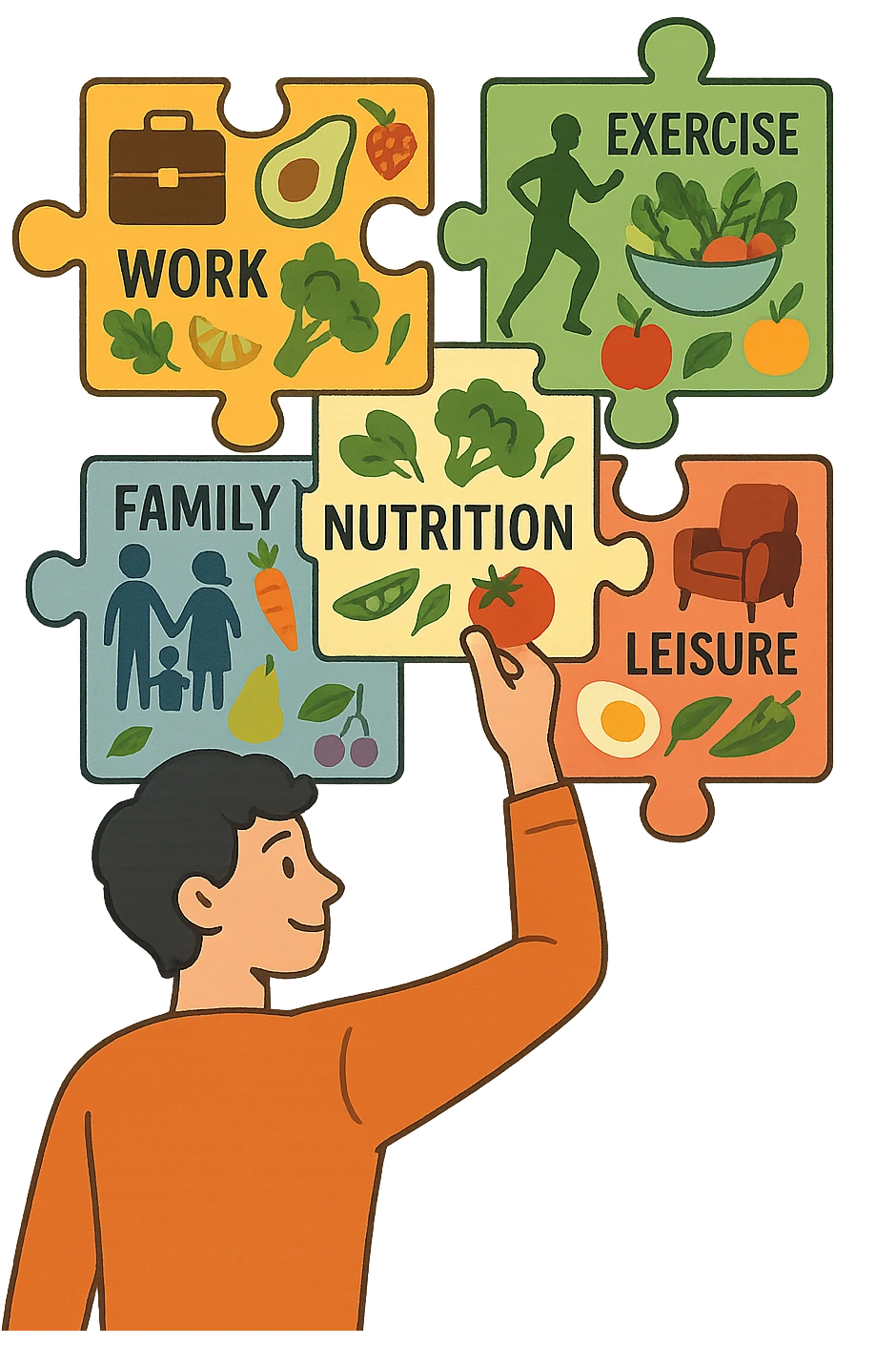 a person is surrounded by puzzle pieces, each representing a different aspect of their life (work, exercise, family, leisure), and healthy foods are integrated into each piece. The person assembles the puzzle, creating a complete, personalized nutrition plan. The mood is uplifting and creative. emoji