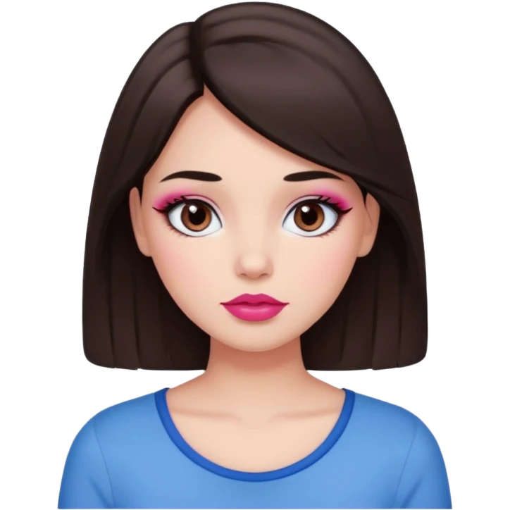 Dark brown haired girl with black eyes and lips between the shades of pink and red. A cute and clean makeup along with a blue top  emoji