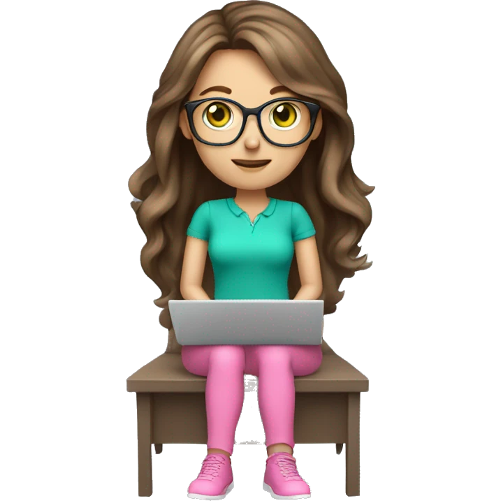 Female coding teacher with a laptop, with long brunette hair, green eyes, fair skin, teal eye glasses and a pink feminine shirt emoji
