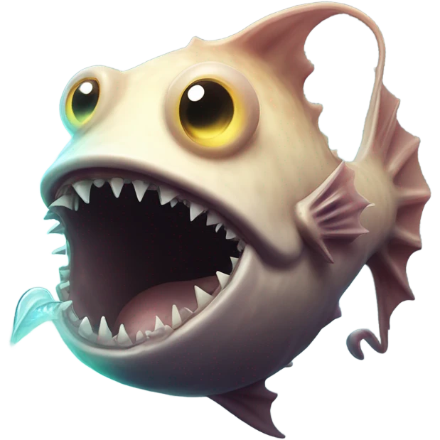 Anglerfish with a glowing lure hanging from its forehead, sharp teeth, and big eyes. emoji
