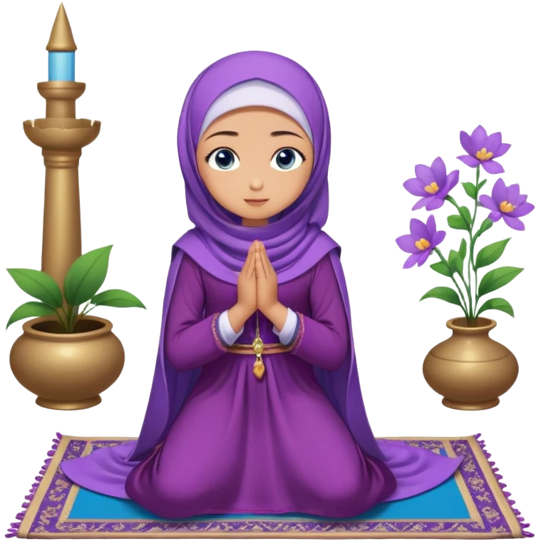 Turkish beautiful finish Konya girl blue eyes with purple flower hijab long tail dress and sits on the pray mat namaz on the ground with dua  emoji