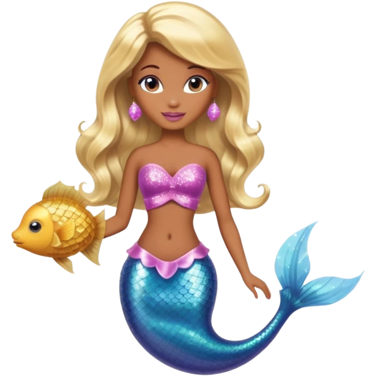 Brown skin blonde hair barbie mermaid with glitter tail  with pufferfish emoji