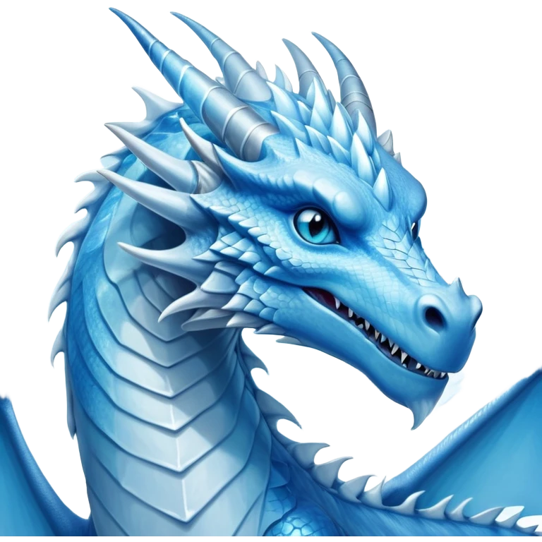 Cinematic wise elegant Ice Dragon Portrait Emoji, Poised and imposing, distinct long elegant snout, with a slender, scaled body shimmering in glacial hues of icy blue, frostbitten silver, and crystalline white, breathing out frost, with piercing, glowing ice blue white eyes that radiate the chilling depths of an arctic storm; rendered in detail. excuding wisdom emoji