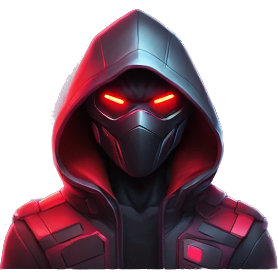 developer behind his laptop with this style : crysis Cyberpunk Riot Games Valorant neon glowing bright red character red dark black hooded assassin themed character emoji