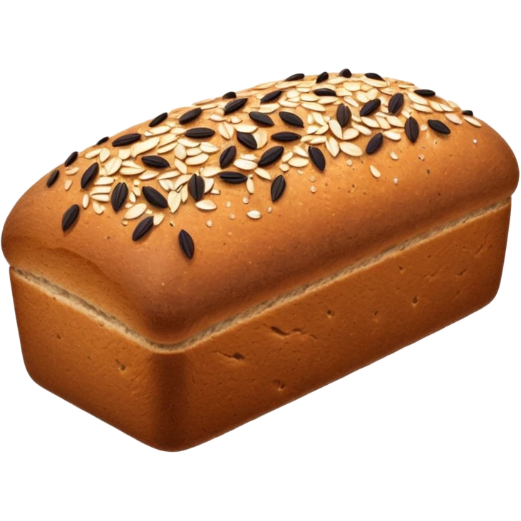 dense rectangular loaf of whole grain bread with dark brown crust, coarse textured surface speckled with seeds, slightly domed matte top, rustic hearty look, one or two thick slices beside it revealing grainy compact crumb, no plate, knife, or extras, soft lighting, subtle shadows, emoji scale emoji