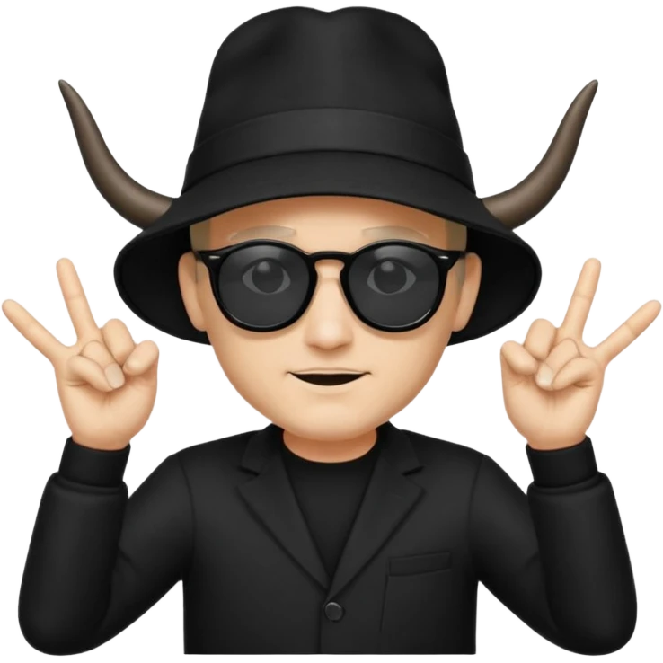 man dressed in black with dark glasses black Lens and a black hat making the horns gesture with both fingers hands emoji